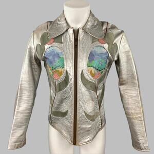 Vintage  Janti Size XL Silver Hand Painted Applique Zip Up Jacket